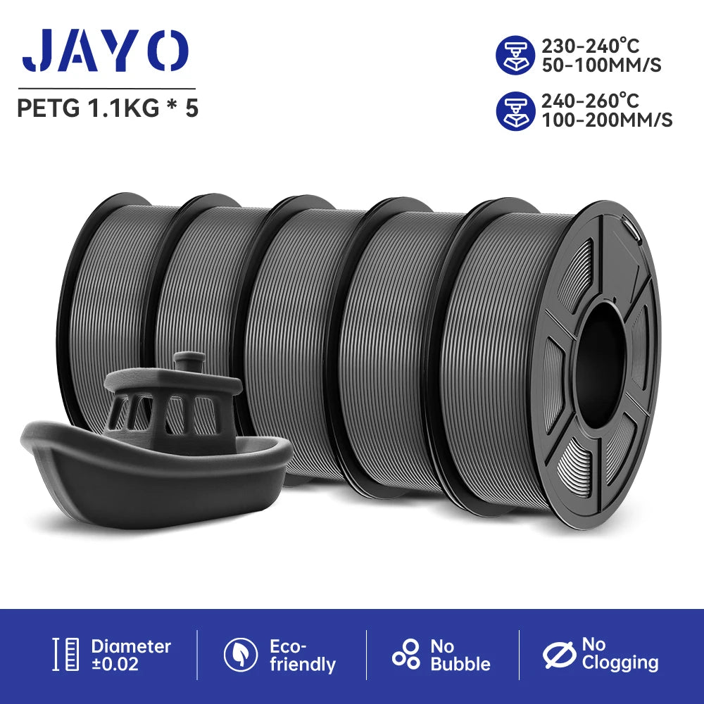 JAYO 3D Printer Filament  PETG PLA HSMPETG PLA PLUS 1.75mm 5Rolls 3D Printing Materials for 100% No Bubble &FDM 3D Pen DIY Gift