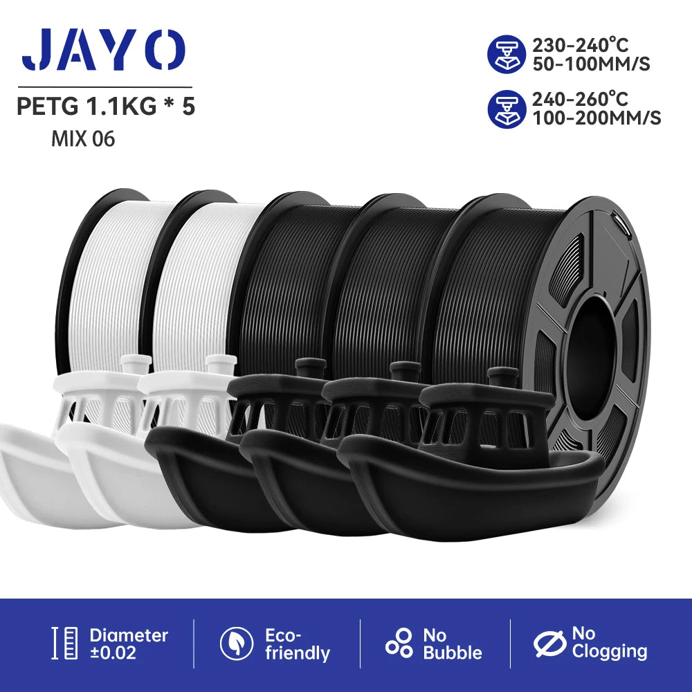 JAYO 3D Printer Filament  PETG PLA HSMPETG PLA PLUS 1.75mm 5Rolls 3D Printing Materials for 100% No Bubble &FDM 3D Pen DIY Gift