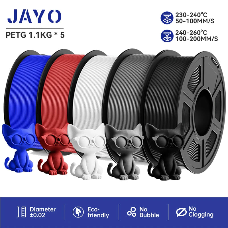 JAYO 3D Printer Filament  PETG PLA HSMPETG PLA PLUS 1.75mm 5Rolls 3D Printing Materials for 100% No Bubble &FDM 3D Pen DIY Gift
