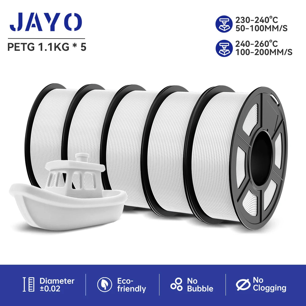 JAYO 3D Printer Filament  PETG PLA HSMPETG PLA PLUS 1.75mm 5Rolls 3D Printing Materials for 100% No Bubble &FDM 3D Pen DIY Gift